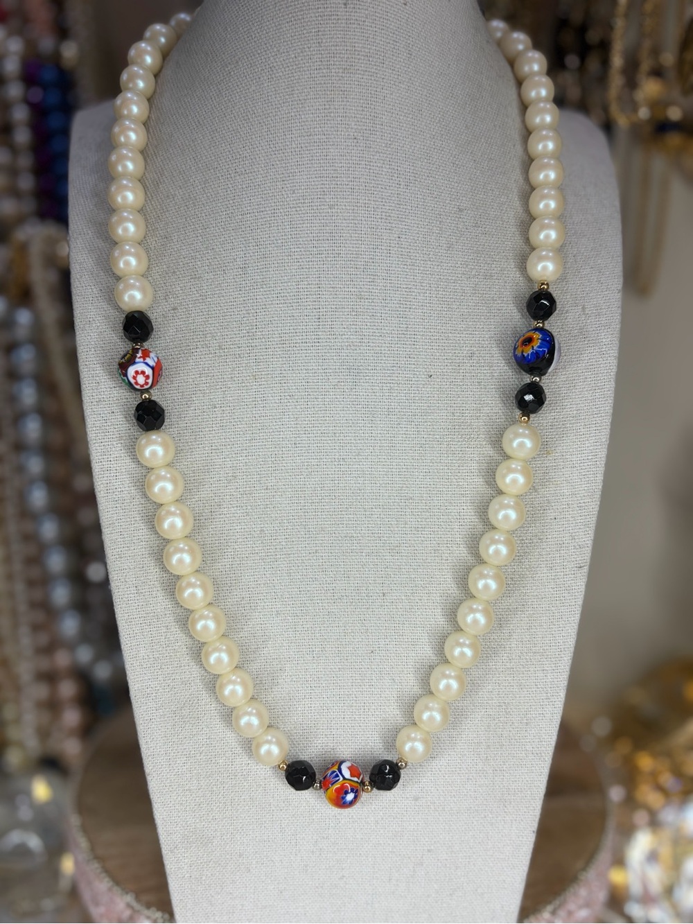 Venetian Millefiori Beaded Necklace Vintage Faux Pearl Beads Jewelry